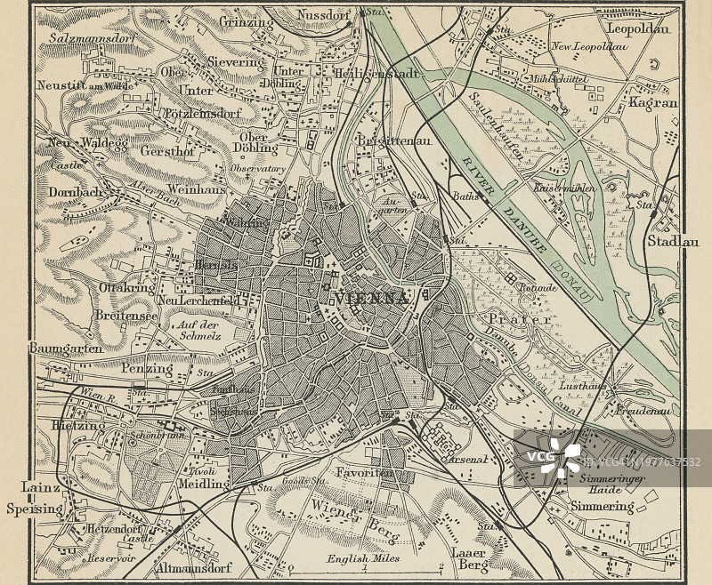 奥地利首都维也纳的老旧彩色石印地图图片素材