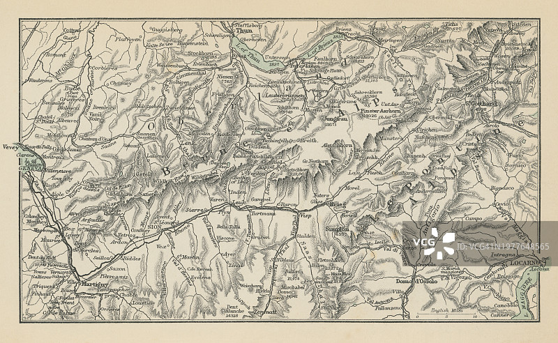 老式石印彩绘：瑞士中部地图图片素材