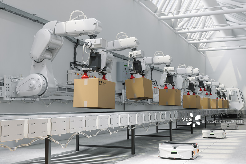 智能仓库传送带上的机械臂特写图片素材