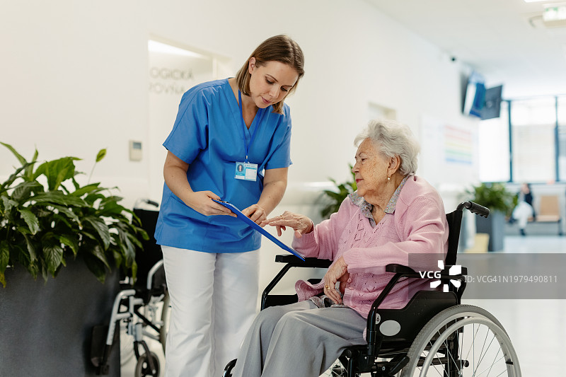担忧的老年病人与富有同情心的护士交谈。安排检查的日期和时间。医疗保健工作者为老年妇女提供情感支持图片素材