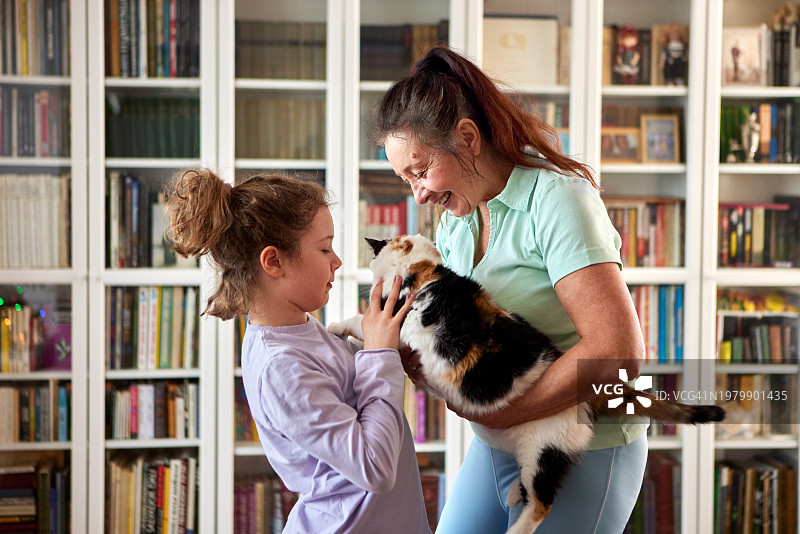 祖母和孙女在家抚摸小猫图片素材