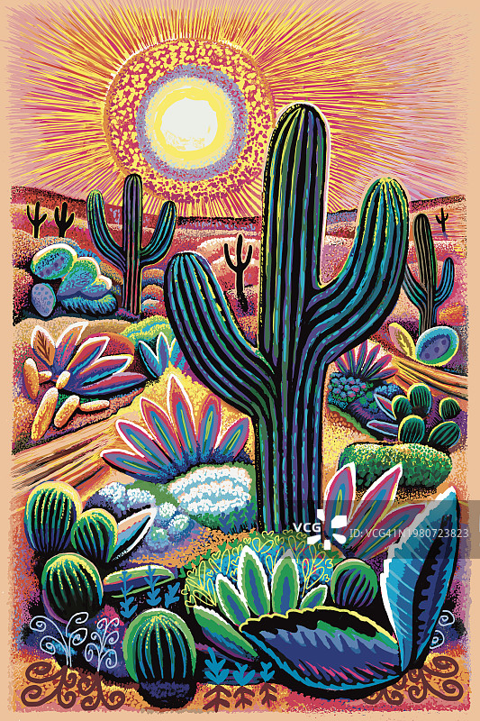 沙漠花园，巨人柱和开花仙人掌生动日落插画图片素材