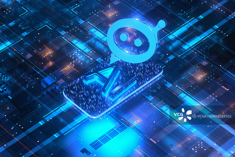 AI聊天机器人 - 人工智能数字概念未来主义HUD背景-CGI。数字屏幕上的神经网络AI处理数据。未来技术背景 - 素材照片图片素材