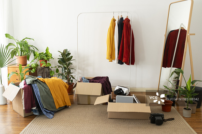 家里的地毯上，镜子和纸板箱旁的晾衣架图片素材