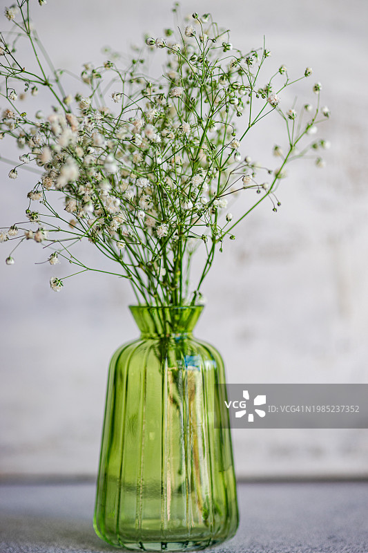桌子上绿色玻璃花瓶中白色满天星花束特写图片素材