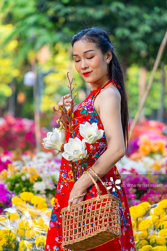 越南女孩身穿传统奥黛，手持鲜花庆祝越南新年，春节。图片素材