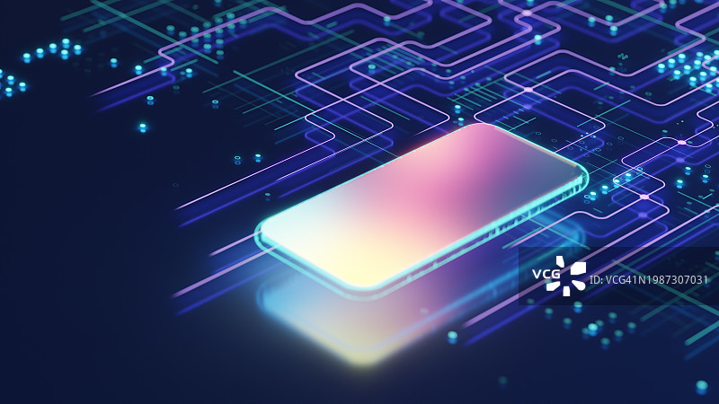 全息智能手机，屏幕上具有柔和的彩色渐变，在具有发光抽象线条和粒子的数字背景上图片素材