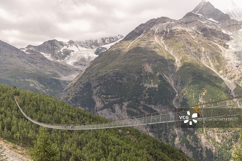 在阿尔卑斯山脉的悬索桥上徒步的女人图片素材
