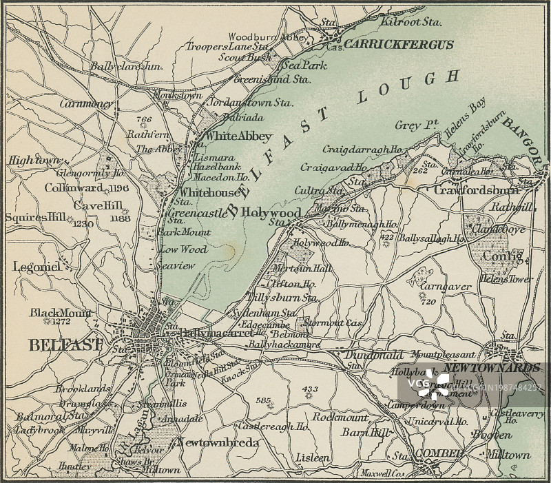 北爱尔兰首府贝尔法斯特古董彩 lithograph 地图图片素材