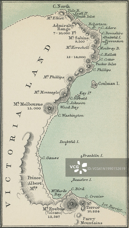 老式彩色石印插图：南极洲维多利亚地地图图片素材