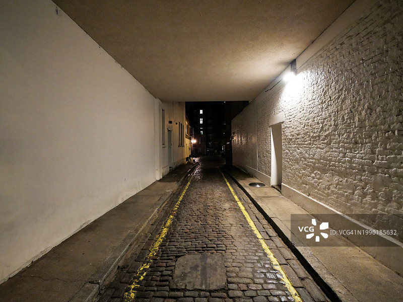 英国伦敦一条通往马厩的狭窄鹅卵石街道，夜景，电灯照明，自然色彩图片素材
