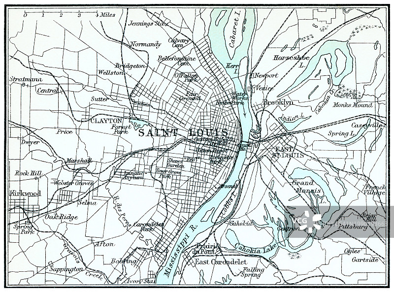 美国密苏里州独立城市圣路易斯的古老版画地图图片素材