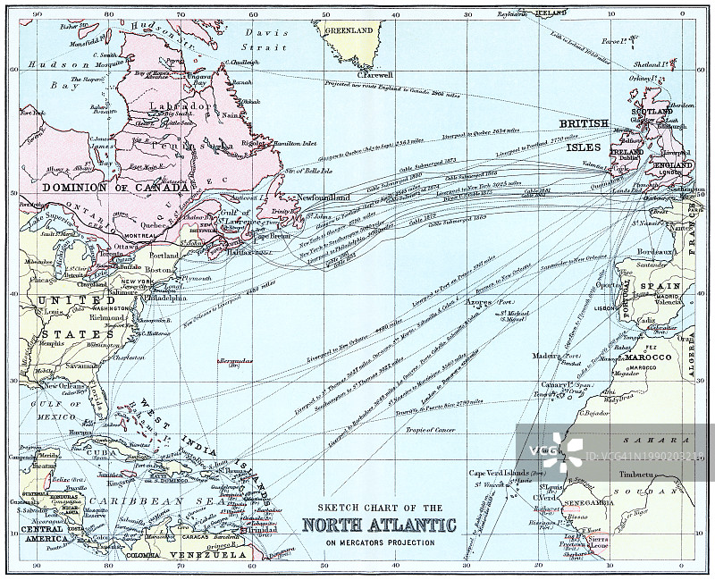 老式铬版石印北大西洋地图图片素材