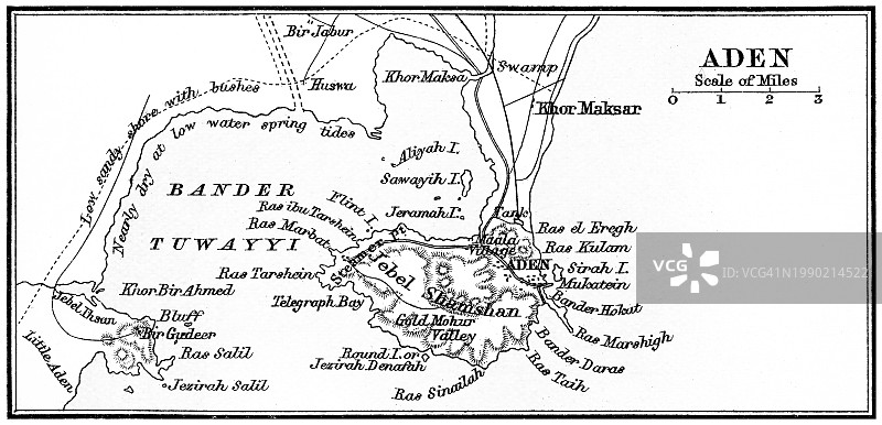 老式彩色石印地图：亚丁，位于阿拉伯半岛南部也门的港口城市图片素材