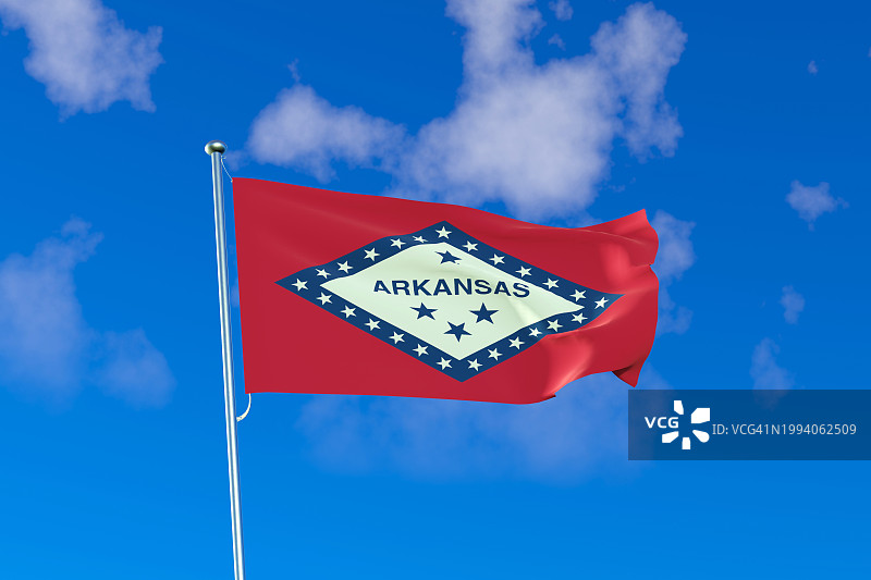 蓝天背景下的阿肯色州州旗3D渲染图片素材