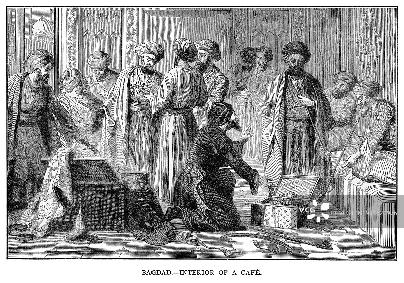 巴格达咖啡馆内部的古老雕刻插图图片素材