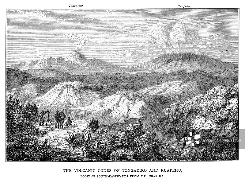 汤加里罗火山和鲁阿佩胡火山锥（从纳加里哈山向东南方向看）古老插图图片素材