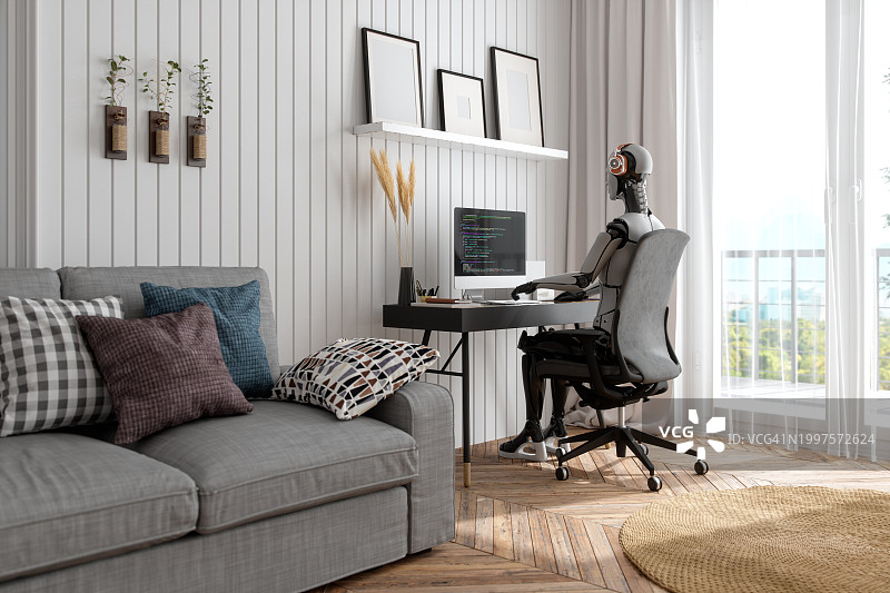 在家办公的机器人图片素材