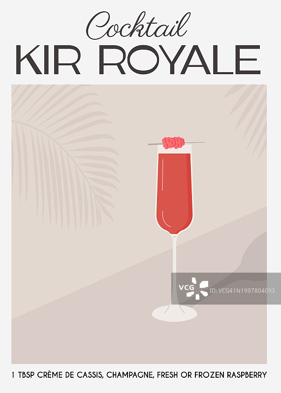 基尔皇家鸡尾酒：香槟笛形杯中覆盆子装饰，经典酒精饮品配方现代印花，夏季法式开胃酒，酒吧菜单当代海报，矢量图图片素材