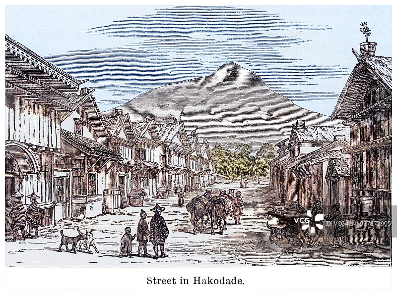 日本北海道函馆街道古董雕刻插图图片素材