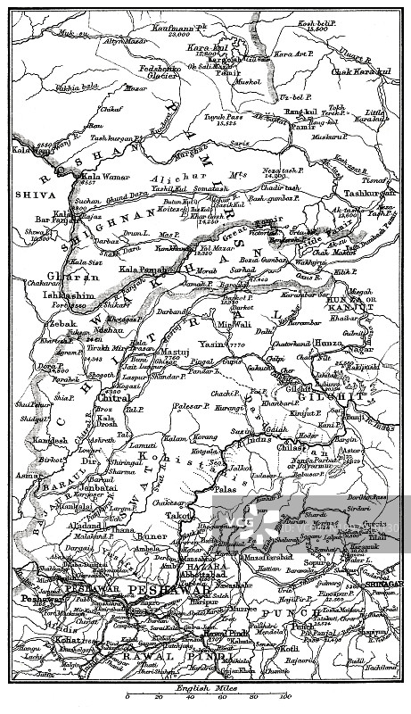 帕米尔和奇特拉的老式彩色石印地图图片素材