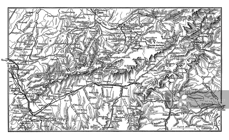 老式石印彩绘：瑞士中部地图图片素材