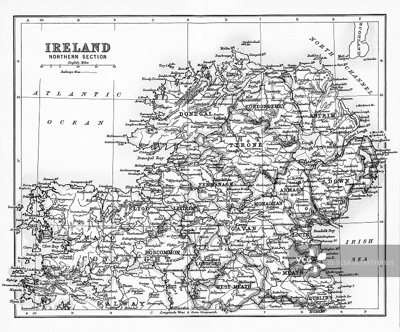 爱尔兰北部旧彩色石印地图图片素材
