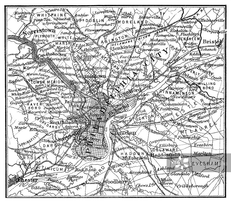美国宾夕法尼亚州费城古老雕刻地图图片素材