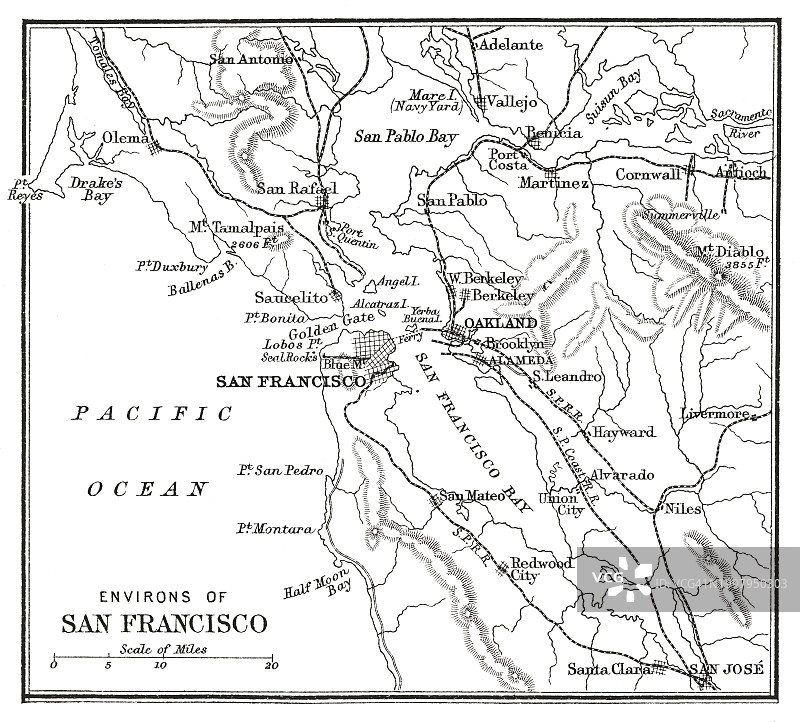 美国旧金山周边的古老版画地图图片素材