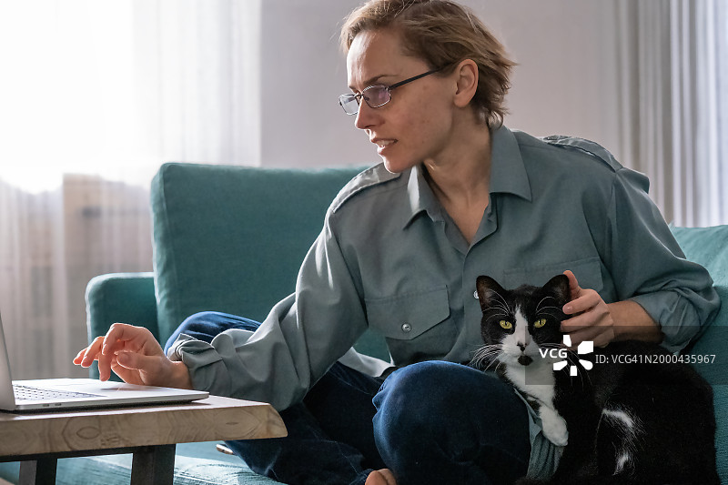 黑白猫与居家办公的自由职业者图片素材