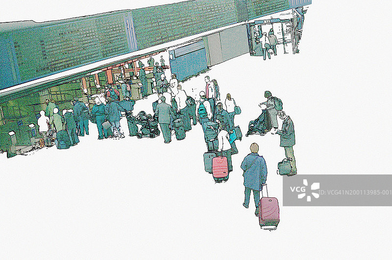 带有行李的乘客在大厅，高角度视图图片素材