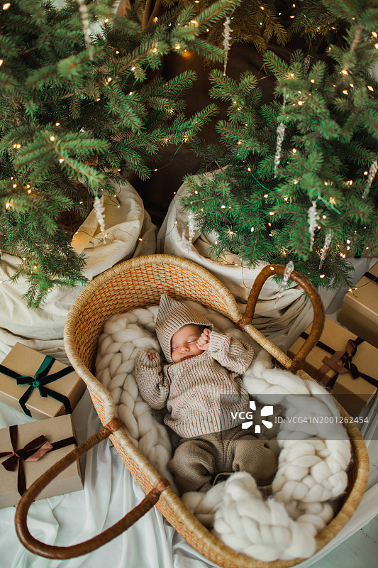 圣诞树下躺在草编摇篮里可爱的新生婴儿图片素材