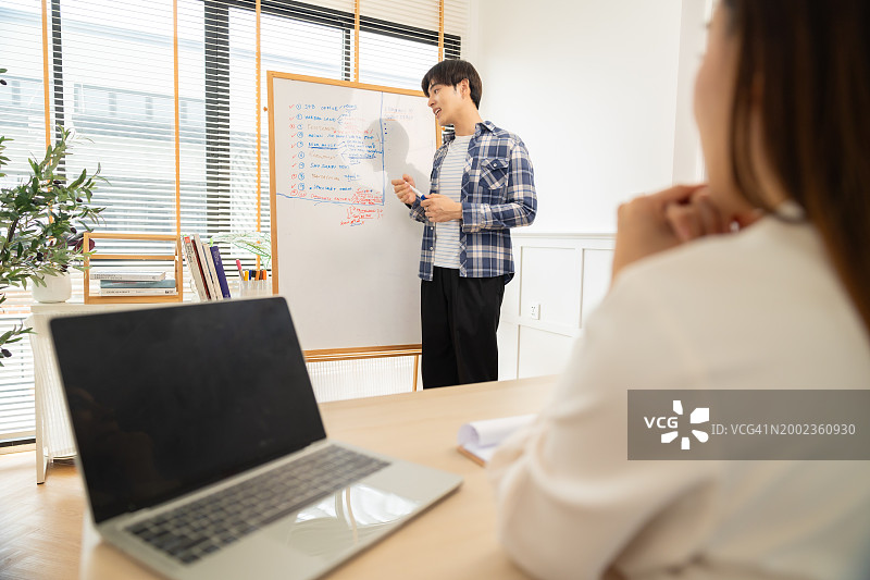 商务人士在家中办公室向合作伙伴介绍新项目。年轻的商务人士在会议室发表演讲图片素材