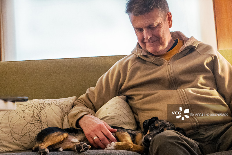 小狗躺在沙发上，主人身旁图片素材