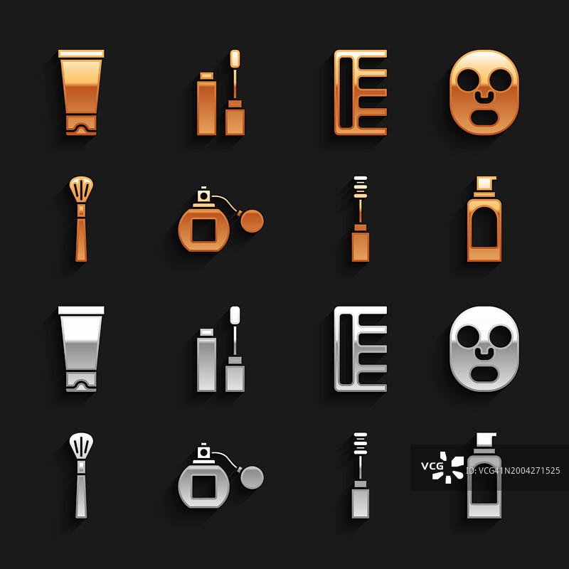 香水、面部化妆面膜、喷发胶罐、睫毛膏刷、化妆品、发刷、乳霜润肤露软管和图标矢量素材图片素材