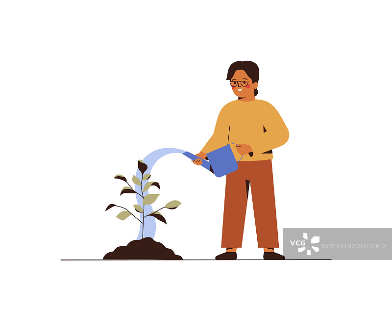 男孩给小树浇水，爱护树苗，绿色生态环保理念图片素材