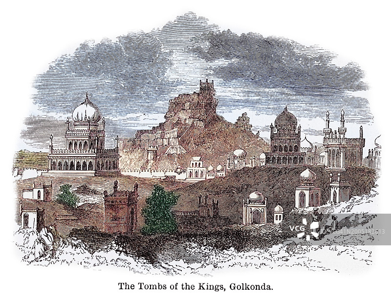 戈尔康达国王陵墓老式雕刻插图图片素材