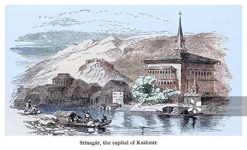 克什米尔地区首府斯利那加旧雕刻插图图片素材