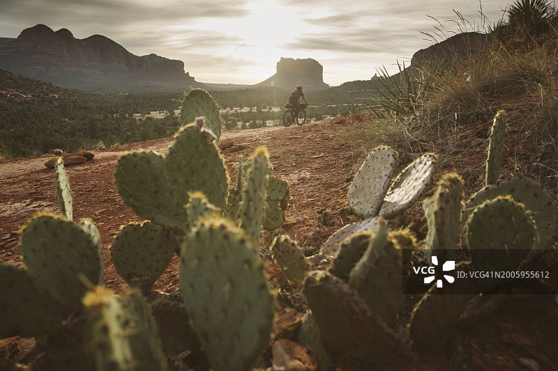 一名骑自行车的人骑着配备露营装备的砾石公路自行车，从弗拉格斯塔夫到菲尼克斯，途经塞多纳和亚利桑那州黑峡谷图片素材