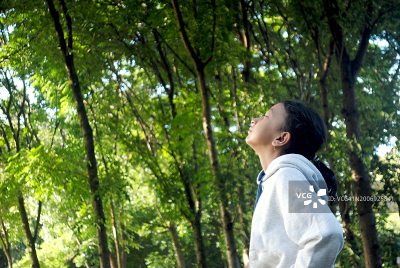 在森林里伸展身体的少女图片素材