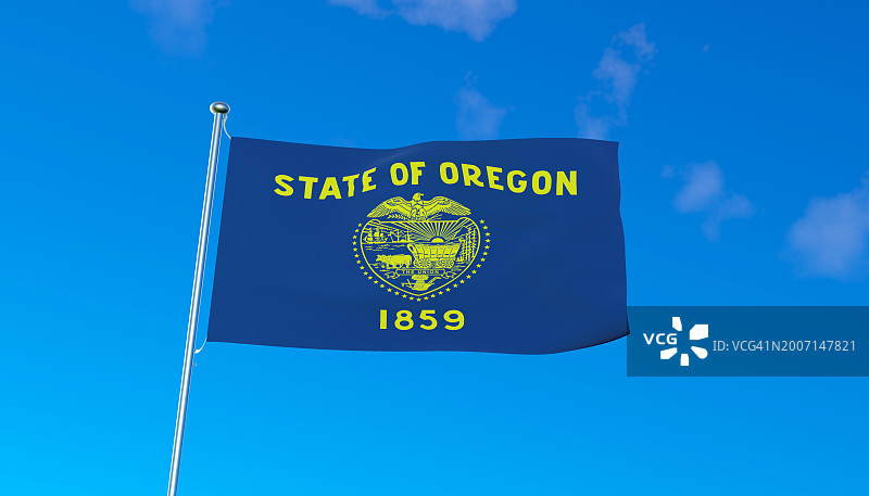 蓝色天空下的俄勒冈州州旗3D渲染图片素材