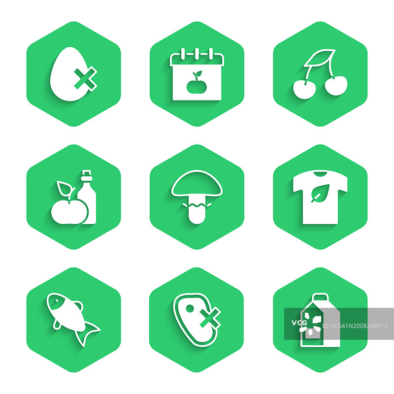 蘑菇、无肉标志、牛奶纸包装、纯素T恤、鱼、苹果醋、新鲜浆果和鸡蛋图标矢量素材图片素材