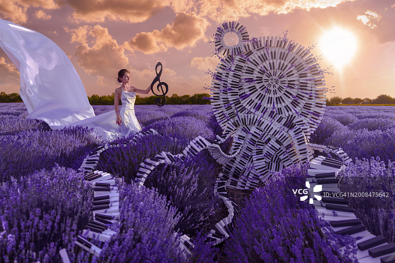 在薰衣草田中，有高音谱号和钢琴宝座的美丽女人图片素材