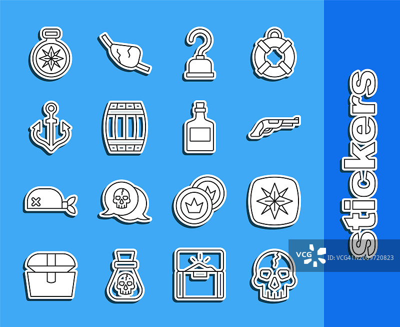 线条图标：骷髅风向玫瑰复古手枪海盗钩木桶锚指南针朗姆酒图片素材
