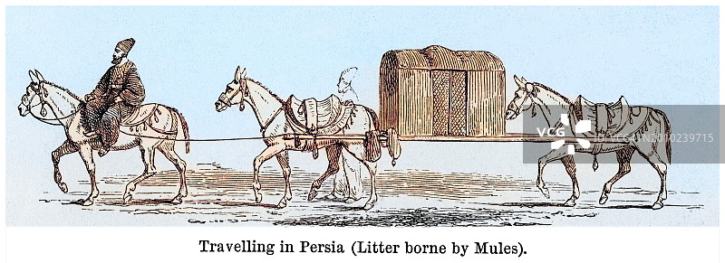 波斯旅行（骡子抬轿）古老雕刻插图图片素材