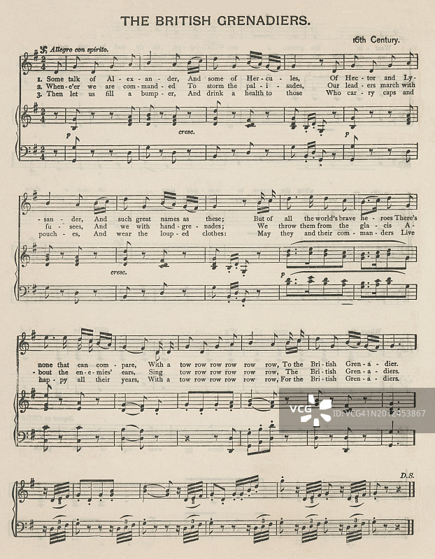 旧版雕刻插图：不列颠掷弹兵行军歌乐谱图片素材