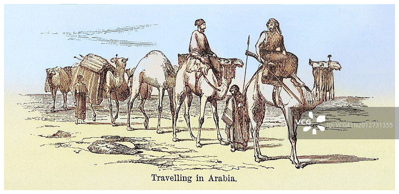 阿拉伯骆驼商队古董雕刻插图图片素材
