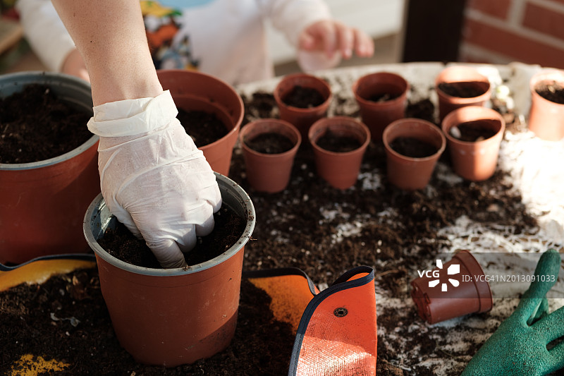 孩子和大人一起种花图片素材