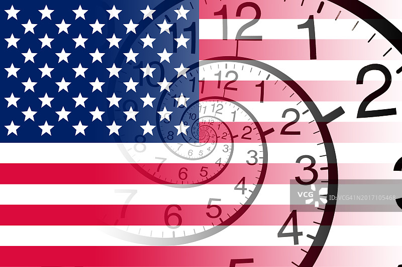 时钟背景上的美国国旗，选择概念图片素材
