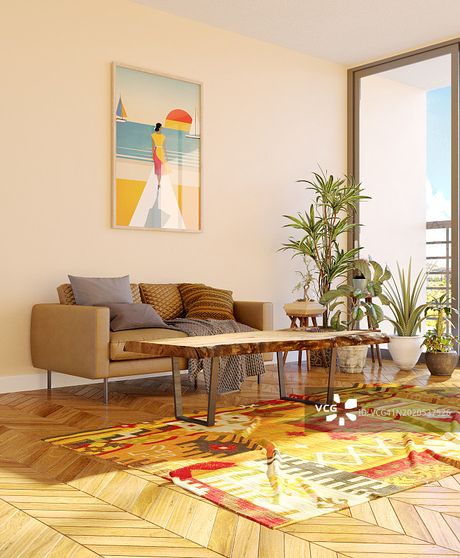 带咖啡桌和抽象画的客厅图片素材